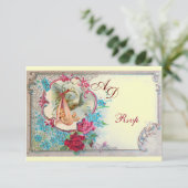 INVITATION STORK BÉBÉ FILLE DOUCHE ROSE BLEU FLORAL MONOGRAM (Debout devant)