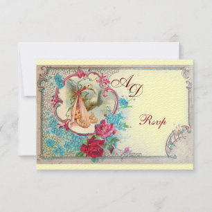 INVITATION STORK BÉBÉ FILLE DOUCHE ROSE BLEU FLORAL MONOGRAM