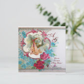 INVITATION STORK BÉBÉ FILLE DOUCHE ROSE BLEU FLORAL MONOGRAM (Debout devant)