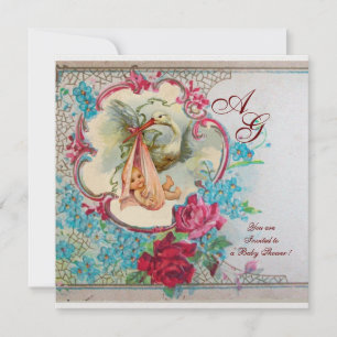 INVITATION STORK BÉBÉ FILLE DOUCHE ROSE BLEU FLORAL MONOGRAM