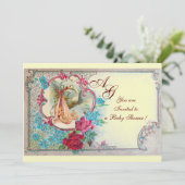 INVITATION STORK BÉBÉ FILLE DOUCHE ROSE BLEU FLORAL MONOGRAM (Debout devant)