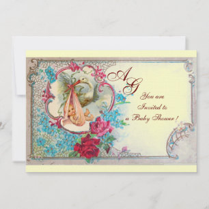 INVITATION STORK BÉBÉ FILLE DOUCHE ROSE BLEU FLORAL MONOGRAM