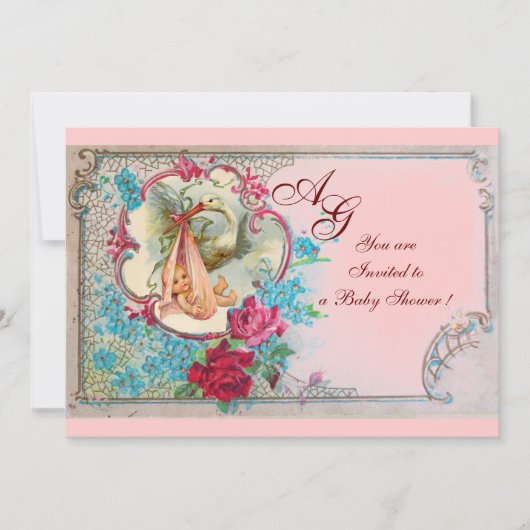 INVITATION STORK BÉBÉ FILLE DOUCHE ROSE BLEU FLORAL MONOGRAM (Devant)