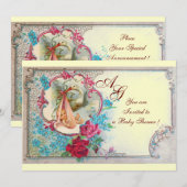 INVITATION STORK BÉBÉ FILLE DOUCHE ROSE BLEU FLORAL MONOGRAM (Devant / Derrière)