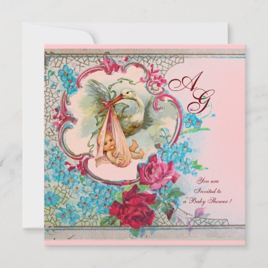 INVITATION STORK BÉBÉ FILLE DOUCHE ROSE BLEU FLORAL MONOGRAM (Devant)
