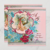 INVITATION STORK BÉBÉ FILLE DOUCHE ROSE BLEU FLORAL MONOGRAM (Devant / Derrière)