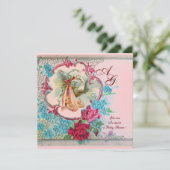 INVITATION STORK BÉBÉ FILLE DOUCHE ROSE BLEU FLORAL MONOGRAM (Debout devant)