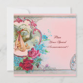 INVITATION STORK BÉBÉ FILLE DOUCHE ROSE BLEU FLORAL MONOGRAM (Dos)
