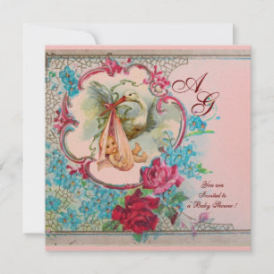 INVITATION STORK BÉBÉ FILLE DOUCHE ROSE BLEU FLORAL MONOGRAM