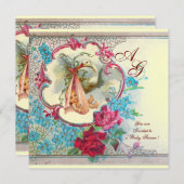 INVITATION STORK BÉBÉ FILLE DOUCHE ROSE BLEU FLORAL MONOGRAM (Devant / Derrière)