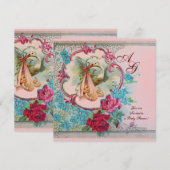 INVITATION STORK BÉBÉ FILLE DOUCHE ROSE BLEU FLORAL MONOGRAM (Devant / Derrière)