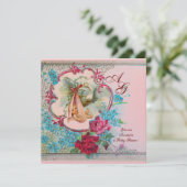 INVITATION STORK BÉBÉ FILLE DOUCHE ROSE BLEU FLORAL MONOGRAM (Debout devant)