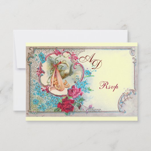 INVITATION STORK BÉBÉ FILLE DOUCHE ROSE BLEU FLORAL MONOGRAM (Devant)