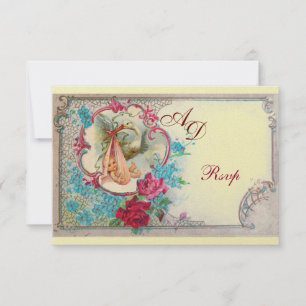 INVITATION STORK BÉBÉ FILLE DOUCHE ROSE BLEU FLORAL MONOGRAM
