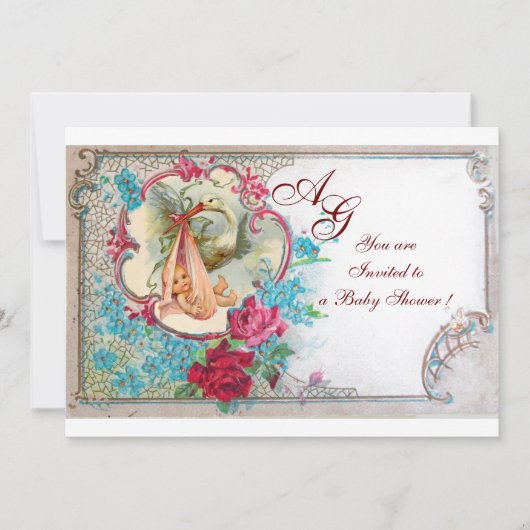 INVITATION STORK BÉBÉ FILLE DOUCHE ROSE BLEU FLORAL MONOGRAM (Devant)