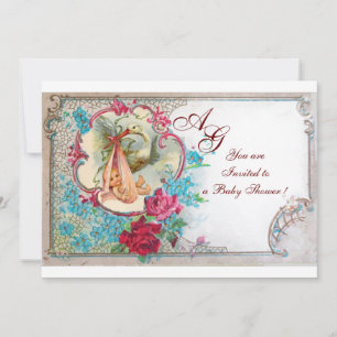 INVITATION STORK BÉBÉ FILLE DOUCHE ROSE BLEU FLORAL MONOGRAM