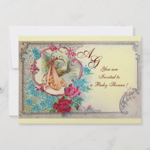 INVITATION STORK BÉBÉ FILLE DOUCHE ROSE BLEU FLORAL MONOGRAM