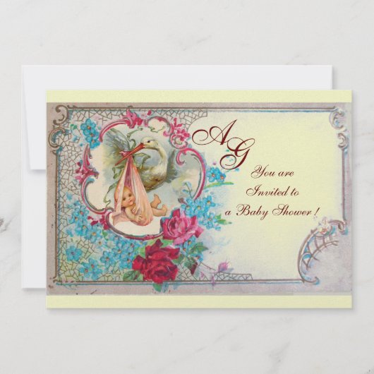 INVITATION STORK BÉBÉ FILLE DOUCHE ROSE BLEU FLORAL MONOGRAM (Devant)