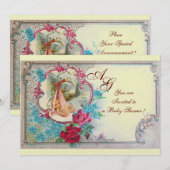 INVITATION STORK BÉBÉ FILLE DOUCHE ROSE BLEU FLORAL MONOGRAM (Devant / Derrière)