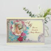 INVITATION STORK BÉBÉ FILLE DOUCHE ROSE BLEU FLORAL MONOGRAM (Debout devant)