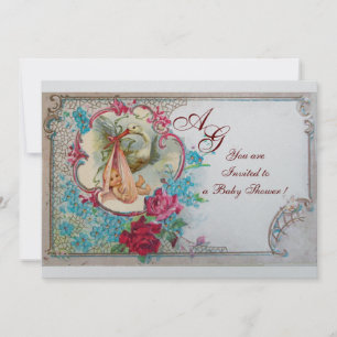 INVITATION STORK BÉBÉ FILLE DOUCHE ROSE BLEU FLORAL MONOGRAM