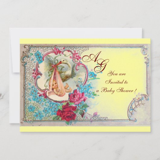 INVITATION STORK BÉBÉ FILLE DOUCHE ROSE JAUNE MONOGRAMME FLOR (Devant)