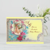 INVITATION STORK BÉBÉ FILLE DOUCHE ROSE JAUNE MONOGRAMME FLOR (Debout devant)