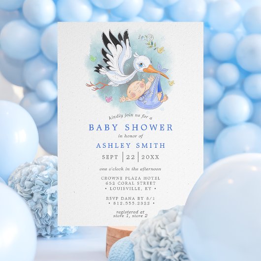 Invitation Stork Blue Aquarelle Oiseau Moderne Baby shower ga