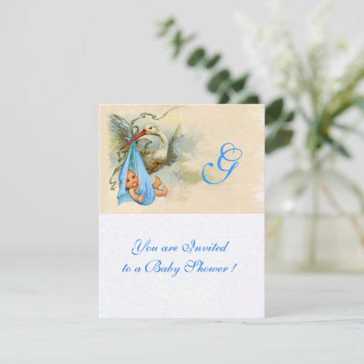 INVITATION STORK BLUE BÉBÉ GARÇON DOUCHE MONOGRAM (Debout devant)