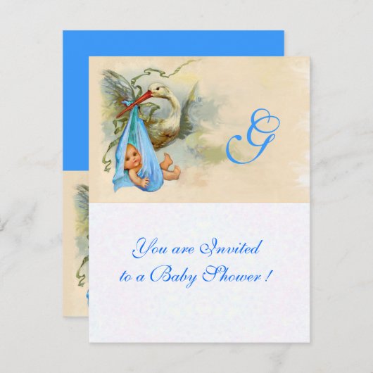 INVITATION STORK BLUE BÉBÉ GARÇON DOUCHE MONOGRAM (Devant / Derrière)
