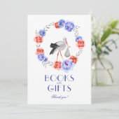 Invitation Stork Blue Rouge Floral Baby shower Table Connexio (Debout devant)