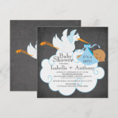 Invitation Stork Chalkboard African American Boy Baby shower (Devant / Derrière)