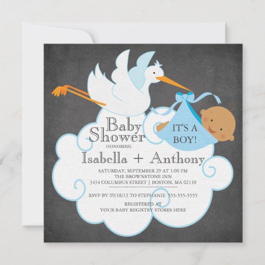 Invitation Stork Chalkboard African American Boy Baby shower (Devant)