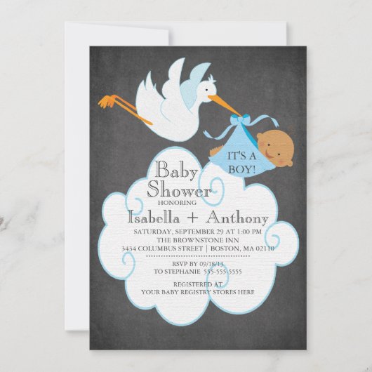 Invitation Stork Chalkboard African American Boy Baby shower (Devant)