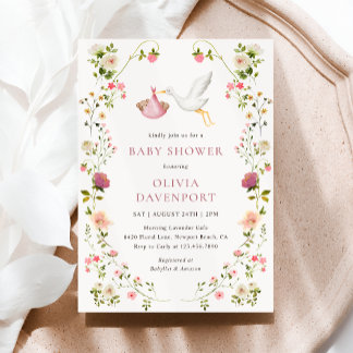 Invitation Stork Delivery Pink Floral Garden Girl Baby Shower