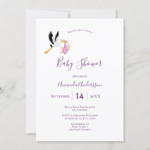 Invitation Stork fille rose violet blanc mignon baby shower