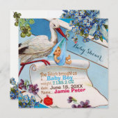 INVITATION STORK, FLEURS GARÇON BABY SHOWER STATS DE NAISSANC (Devant / Derrière)