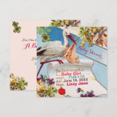 Invitation STORK, FLEURS GiRL BABY SHOWER STATUT DE NAISSANCE (Devant / Derrière)