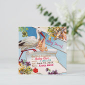Invitation STORK, FLEURS GiRL BABY SHOWER STATUT DE NAISSANCE (Debout devant)