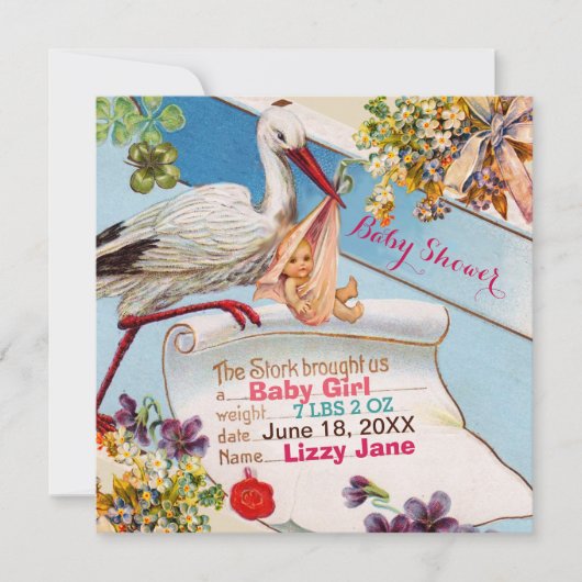 Invitation STORK, FLEURS GiRL BABY SHOWER STATUT DE NAISSANCE (Devant)