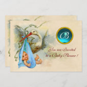 INVITATION STORK GARÇON BABY SHOWER BLEU GEMSTONE MONOGRAM (Devant / Derrière)