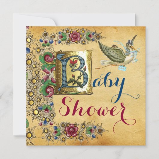 INVITATION STORK GARÇON BABY SHOWER PARCHEMENT FLORAL MONOGRA (Devant)