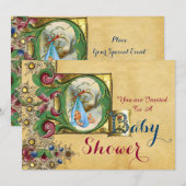 INVITATION STORK GARÇON BABY SHOWER PARCHEMENT FLORAL MONOGRA (Devant / Derrière)