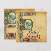 INVITATION STORK GARÇON BABY SHOWER PARCHEMENT FLORAL MONOGRA (Devant / Derrière)