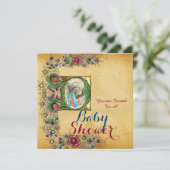 INVITATION STORK GARÇON BABY SHOWER PARCHEMENT FLORAL MONOGRA (Debout devant)