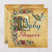 INVITATION STORK GARÇON BABY SHOWER PARCHEMENT FLORAL MONOGRA (Devant / Derrière)