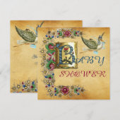 INVITATION STORK GARÇON BABY SHOWER PARCHEMENT FLORAL MONOGRA (Devant / Derrière)