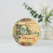 INVITATION STORK GARÇON BABY SHOWER PARCHEMENT FLORAL MONOGRA (Debout devant)