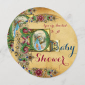 INVITATION STORK GARÇON BABY SHOWER PARCHEMENT FLORAL MONOGRA (Devant / Derrière)