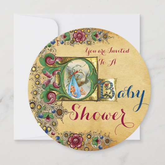 INVITATION STORK GARÇON BABY SHOWER PARCHEMENT FLORAL MONOGRA (Devant)